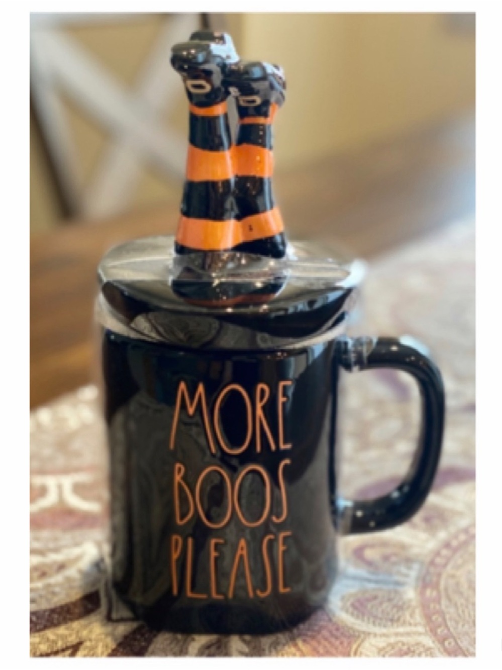 NEW Rae Dunn Halloween “MORE BOOS PLEASE” Witch Legs Figural Topper Mug